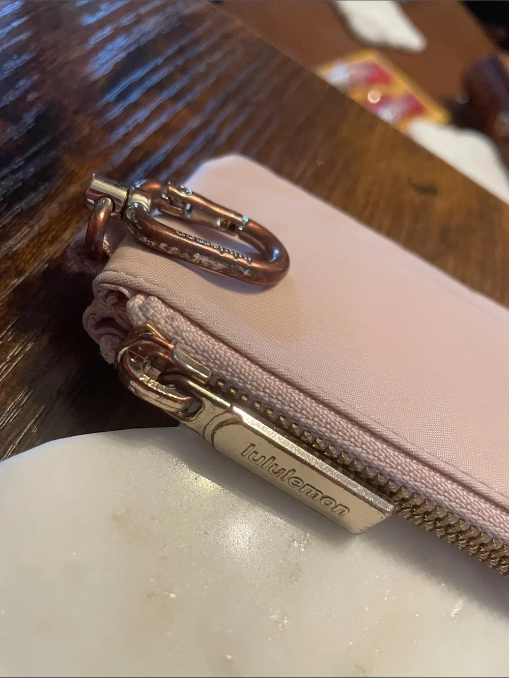 Lululemon Light Pink zippered Coin Wallet W/ Small Carabiner Clip
